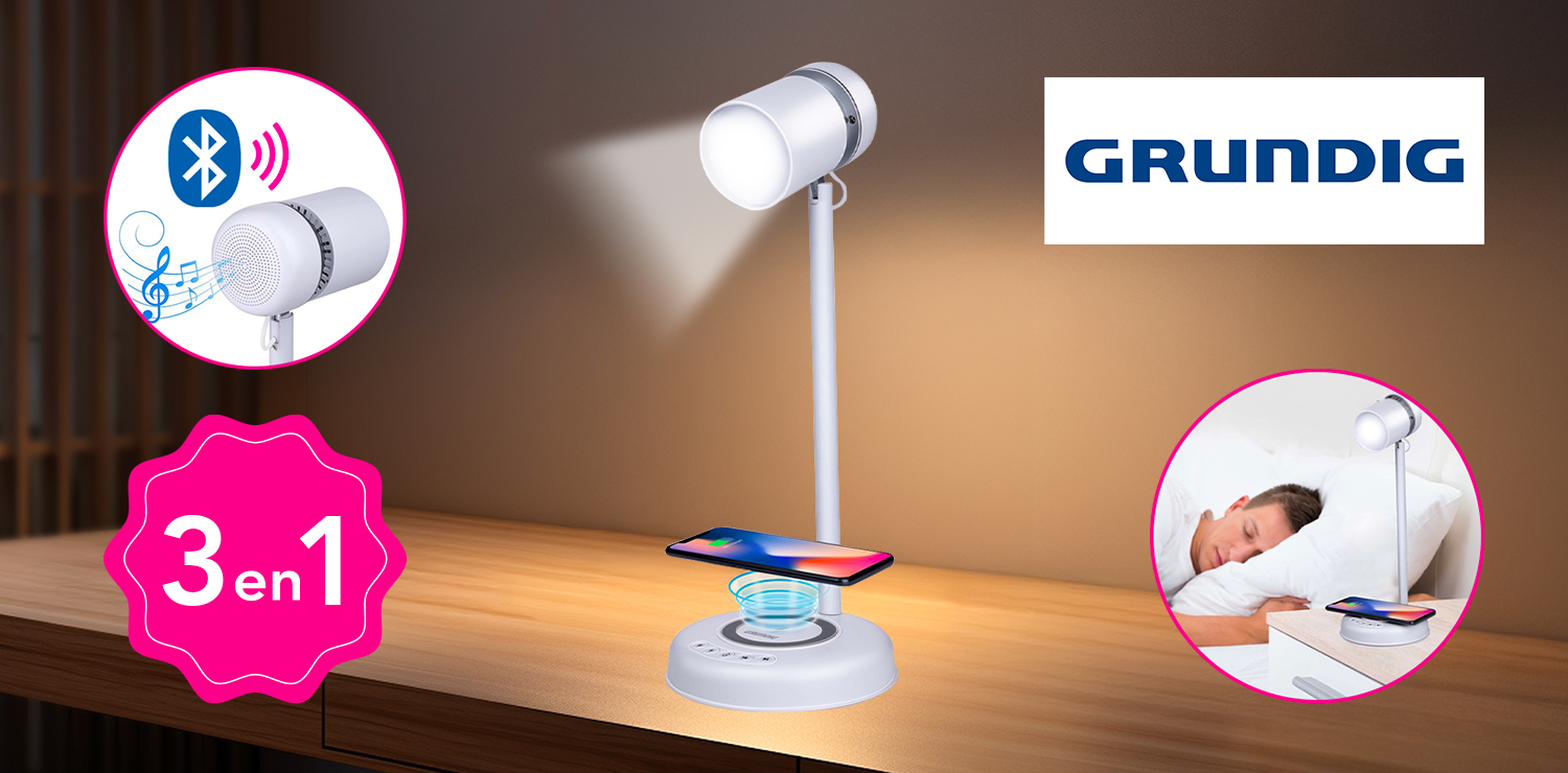 Lampe LED 3en1 connecté Bluetooth avec chargeur et hauts parleurs GRUNDIG