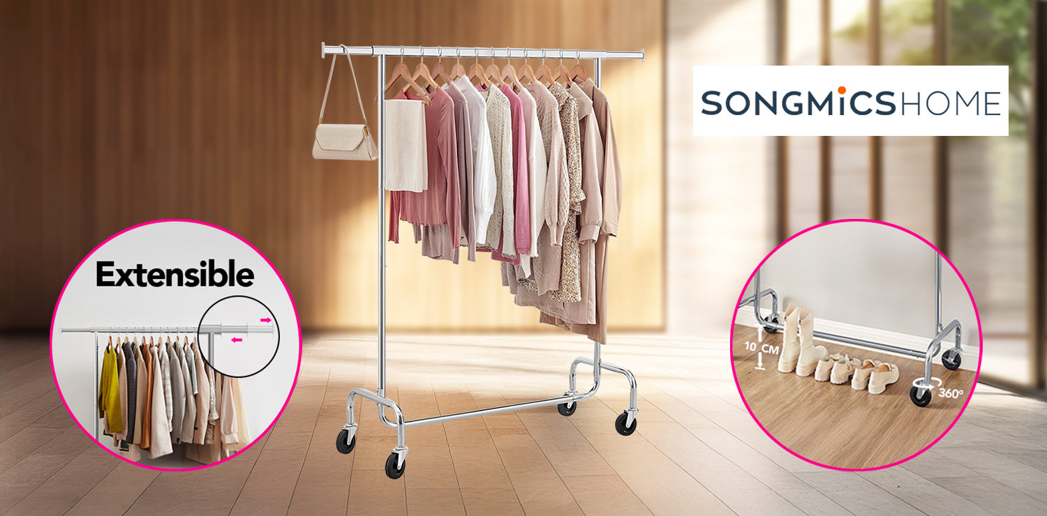 Porte-vêtements robuste avec roulettes et tringle extensible SONGMICS