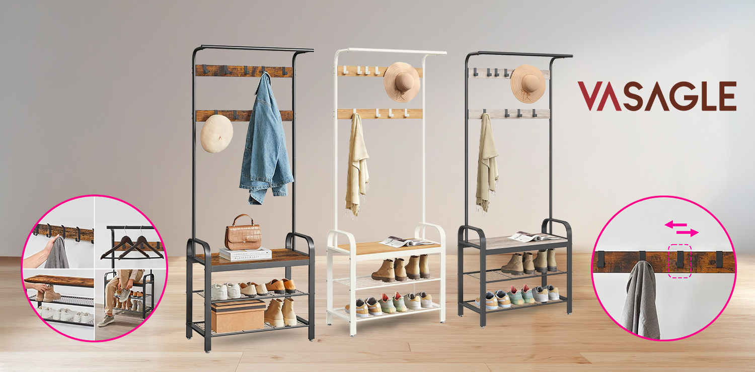 Porte-manteaux 4en1 avec étagères pour chaussures VASAGLE