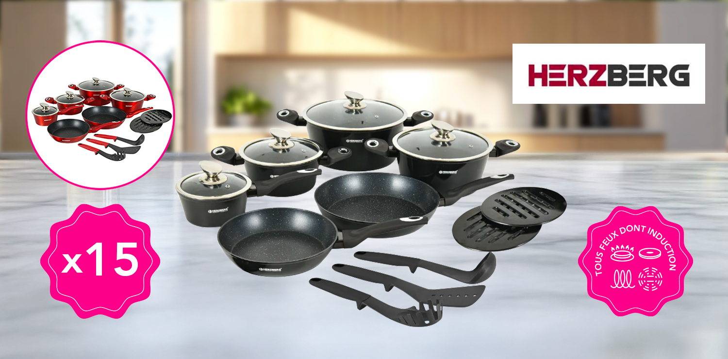 Batterie de cuisine 15 pièces avec revêtement en marbre (tous feux dont induction) HERZBERG