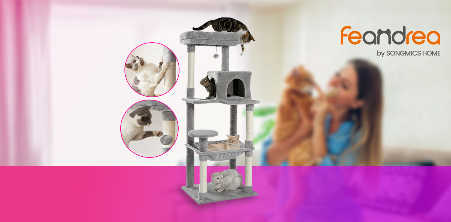 Arbre à chat XXL avec hamac, cabane et pompon 143cm FEANDREA