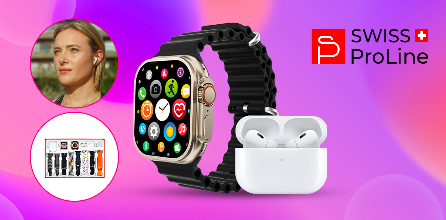 Coffret montre connectée, écouteurs sans fil Bluetooth, protection écran avec 8 bracelets Swiss ProLine