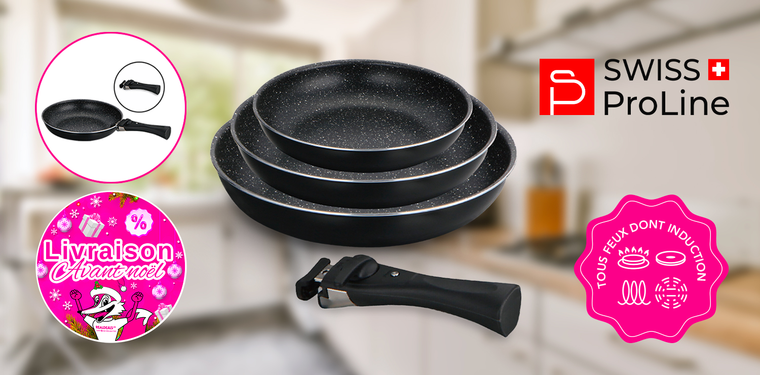 Set de 3 poêles avec poignée amovible tous feux dont Induction Swiss ProLine