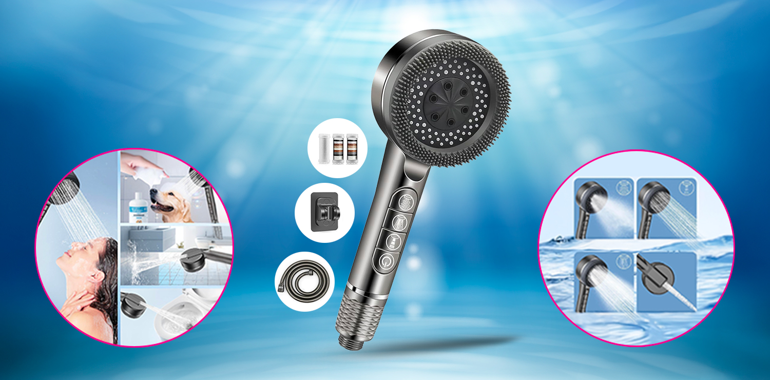 Pommeau de douche avec 4 modes puissants (tuyau de douche et support inclus)
