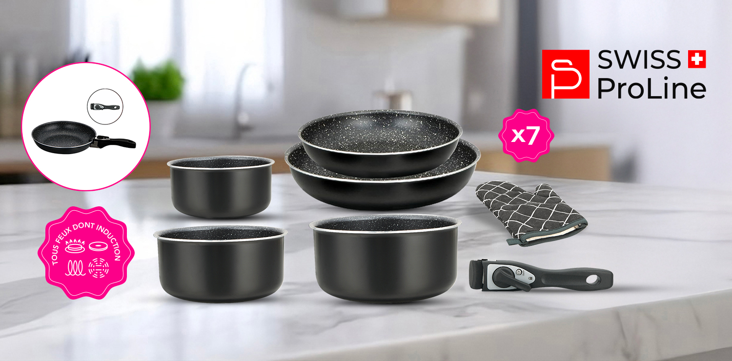 Batterie de cuisine 7 pièces avec poignée amovible tous feux dont Induction Swiss ProLine