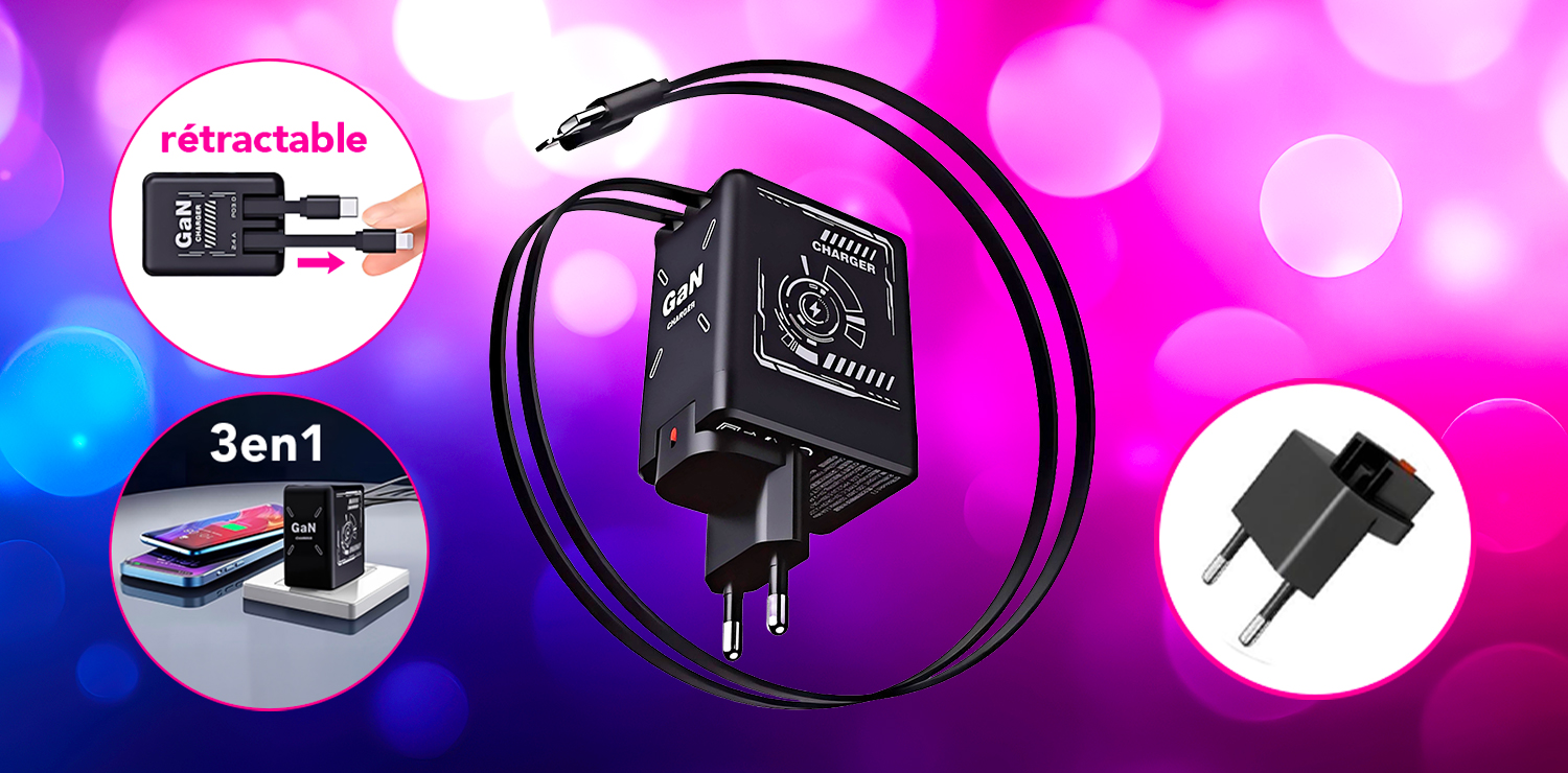 Chargeur pratique 3en1 avec 2 câbles rétractables intégrés
