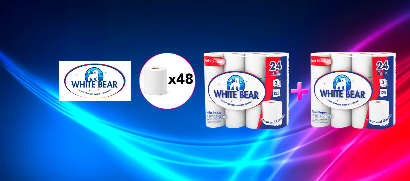 Set de 48 rouleaux de papier toilette triple épaisseur WHITE BEAR